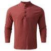 Chemises décontractées pour hommes Chemise de couleur unie pour hommes Bouton Col montant Manches longues Pull Top Vintage Coton Lin Col en V Style Boho Hommes