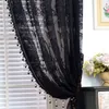 Curtain Black Ruffled Lace Sheer Curtains For Kitchen Farmhouse Crystal Beads Mesh Wedding Background Jacquard Floral Window Drapes