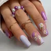 False nagels 24 -sten nagelstips nep nials gouden glitte diy druk op lange vierkant Frans blauw paars