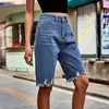 Shorts pour femmes 2023 Summer Femmes Denim Taille haute Ripped Jeans Street Perforé Mode Frange de fourrure Cinq points 230419