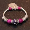 Charm Bracelets Vintage For Women Silver Plated Metal Crystal Beads Enamel Flower Multi Color Round