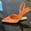 Designerklänningsskor Senaste modet Spetsiga tår Skulpterade metalliska onormala klackar slip-on slides högklackat kvalitet äkta läder yttersula Slingbacks sandal