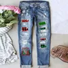 Jeans pour femmes Noël pour les femmes Automne et hiver Trou imprimé Pantalon en denim en détresse Work Out Slim Fit Straight Xmas Man Pantalon