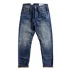 Jeans pour hommes Automne Chunky Oreille Rouge Micro Élastique Vintage Plissé Jambe Droite Pantalon Bleu Décontracté