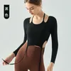 Camisas ativas de manga longa magro esportes mulheres yoga ginásio fitness fino cinto halter colheita topo irregular banda elástica topos com almofada no peito