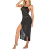 Women's Sleepwear Sexy Lace Long Skirt Elegant Dresses Underwear Sling Side Slit See-Through Dress Outfits Club Party