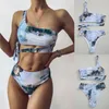 Women's Swimwear Marble Striped Print Sport Bandeau Push Up Bikinis Sexy Women Swimsuit High Percy Weist Suit Beach Wear 2023