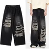 Erkek Kotları Harajuku Vintage Yırtık Siyah Mavi Gevşek Erkek 2K Streetwear Gotik Punk Büyük Boy Pantolon Kadın Geniş Bacak Bermuda Grunge