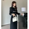 Work Dresses Korea Elegant Women Black Matching Set French Vintage Coat Midi Skirt Fashion OL Patchwork 2PCS Retro Office Lady Outfits