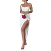 Casual klänningar xingqing hög split klänning y2k estetiska kvinnor vit spaghetti rem ärmlös ruched bodycon med 3D blommaklubbkläder