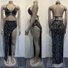 Robes de travail Sexy Mesh Diamond Vacances Vacances 3 pièces Ensemble Femmes Brap Top Shorts High Split Midi Jupe See-through Summer Beachwear