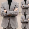 Conjunto de smoking masculino cinza claro, 2 peças, jaqueta listrada, calças, casamento, noivo, lapela repicada, roupas de blazer de negócios