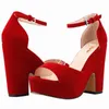 Sandals Loslandifen Zomer enkelriem Sandaal 12 cm vrouwelijke pompen sexy Peep Toe Square High Heel Woman Shoes Flock Platform trouwschoenen Z0420