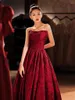 Runway Dresses Burgundy A-Line Long Celebrity Dress Strapless Lace-Up Jacquard Applique Satin Floor Length Wedding Party Evening Gown For