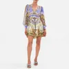 Australian designer silk blue floral print long sleeved deep V mini dress