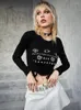 Damen-T-Shirts 2023 Dark Drawstring Mall Gothic Ästhetisch Sexy Crop Tops Damen Langarm Slim Grunge Schwarz T-Shirts Punk Print Alt