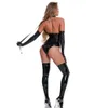 Mulheres cosplay pu couro sintético látex bodysuit corte alto maiô collant sexy meia-calça moldar uma peça tanga roupa de palco