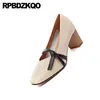 Dress Shoes Size 33 Block Autumn 2023 Mary Janes Women Bow Pumps 4 34 High Heels Chunky Sweet Medium Ladies Thick Beige Square Toe