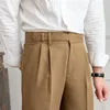 Men's Suits 2023 Design Men High Waist Trousers Solid England Business Casual Suit Pants Belt Straight Slim Fit Bottoms Clothing H203