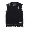 Men's Vests Distressed Knitted Sweater Vest Streetwear Vintage Harajuku Hole Fringed Sleeveless Oversized Casual Pullover Unisex