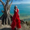 Nuovi abiti casual Bohemian Summer Women Holiday Beach Maxi Dress Runway Off spalla Chiffon Ruffles Rosso Irregolare Big Swing Long