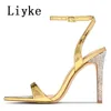 Rhinestones Liyke Fashion Glitter Ladies High Heels seksowne sandały Summer Crystal spiczasty palce ślubne buty 6461