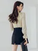 ワークドレス韓国ファッション春秋セクシー2ピース衣装女性フォーマル通勤長いスリーブトップシャツブラウスブラックショートミニスカート