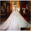 A-ligne robes de mariée de luxe sirène robe de mariée modeste dentelle tle long train avec mancherons col en V boutons retour 2023 y robe de mariée Otmqd