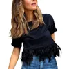 T-shirt féminin Plumes à manches courtes Crop top femmes Black Summer Blanc Furry O-cou t-shirts femelles Elegant Y2k Sexy Club Party Tops