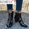 Abendschuhe Frühling Sommer Stiefel Mode Strass Gaze Sandalen Dicke Absätze Mesh Stiefel Hohle Damenschuhe Große Größe 43 230419