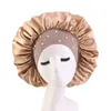 High-quality Silky Bonnet Elastic Wide Band Women Satin Bonnet Beaded Sleeping Cap Adult Night Protection Hair Hat Head