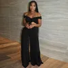 Women's Two Piece Pants Women Sets Off Shoulder Crop Top Wide Leg For Vacation Outfits Velvet Club Matching Sexy Summer