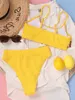 Women's Swimwear Sexy Solid Yellow Bikini 2023 Mujer High Cut Pleate Swimsuit Separate Beach Bathing Suit Waist Biquini 230420