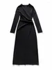 Casual Dresses Women Pleated Slit Midi Dress Gray Black O-neck Simple Long Sleeve Female Robes 2023 Early Autumn