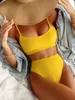 Costumi da bagno da donna sexy bikini giallo solido 2023 Mujer taglio alto costume da bagno pieghettato costume da bagno da spiaggia separato vita Biquini 230420