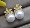 Dangle Earrings Z12553 14mm White South Sea Shell Pearl Flower Earring CZ