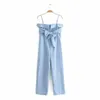 Women's Jumpsuits & Rompers 2023 Women Fashion Blue Spaghetti Strap Linen Overalls Straight Elegant Sash Stripe Jumpsuit Button Wide Leg