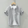 Mäns avslappnade skjortor grå randiga korta ärmskjortor för män avslappnad vridning krage toppar man sommar ny mode knapp upp skjortkläder 230420
