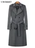 Misturas de lã masculina super longo blusão masculino britânico trench coat trespassado vestido longo cinza médio primavera e outono sobre o joelho moda thi 231118