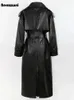 Kvinnors läderfaux Nerazzurri Spring Autumn Long Overized Black Pu Trench Coat for Women Belt Double Breasted Loose Casual Korean Fashion 231120