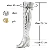 Botas sobre la rodilla Botas para mujer Moda Tacón de bloque Oro Plata Metálico Moda Bling Botas Punta estrecha Invierno Otoño Zapatos 231118