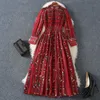 2024 Lente rode jurk met lange mouwen, ronde hals, chiffon, geplooide panelen, halfhoge kuitjurk, elegante casual jurken