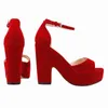 Sandals Loslandifen Zomer enkelriem Sandaal 12 cm vrouwelijke pompen sexy Peep Toe Square High Heel Woman Shoes Flock Platform trouwschoenen Z0420