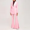 Women's Two Piece Pants Pink Blazer Pantsuits 2 Set Women Business Office Double Breasted Flared Formal Suit Fashion Slim Fit