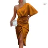 Casual Dresses Women One Shoulder Batwing Sleeve Split Ruched Wrap Front Midi Long Bodycon Dress Elegant Solid Color Slim-Fit 6XDA