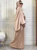 Vêtements ethniques Satin Jilbab Manches bouffantes Islam Robe de prière Femme musulmane Abaya avec écharpe intégrée Dubaï Turc Modeste Tenue Ramadan