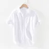 Mäns casual skjortor ren linne kort ärmskjorta för män sommar nya japanska mode tops manlig solid grå vintage smal fit hampskjorta 230420