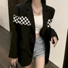 Women's Suits Lnsozkdg Women Vintage Black Plaid Stitching Blazer Lapel Long Sleeve Loose Fit Jacket Fashion Tide Spring Autumn 2023 Korea