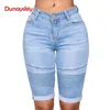 Kvinnors shorts sommaren hög midja denim blå bodycon knä längd elastisk smal pass klassisk 2023 stil 230419