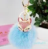 Couleur mignon Bling strass porte-clés renard réel lapin boule de fourrure y porte-clés voiture porte-clés anneau pendentif pour breloque de sac